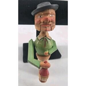 Vtg 50s ANRI Carved Man Drinks From Bottle Mechanical Wine Cork Bottle Stopper